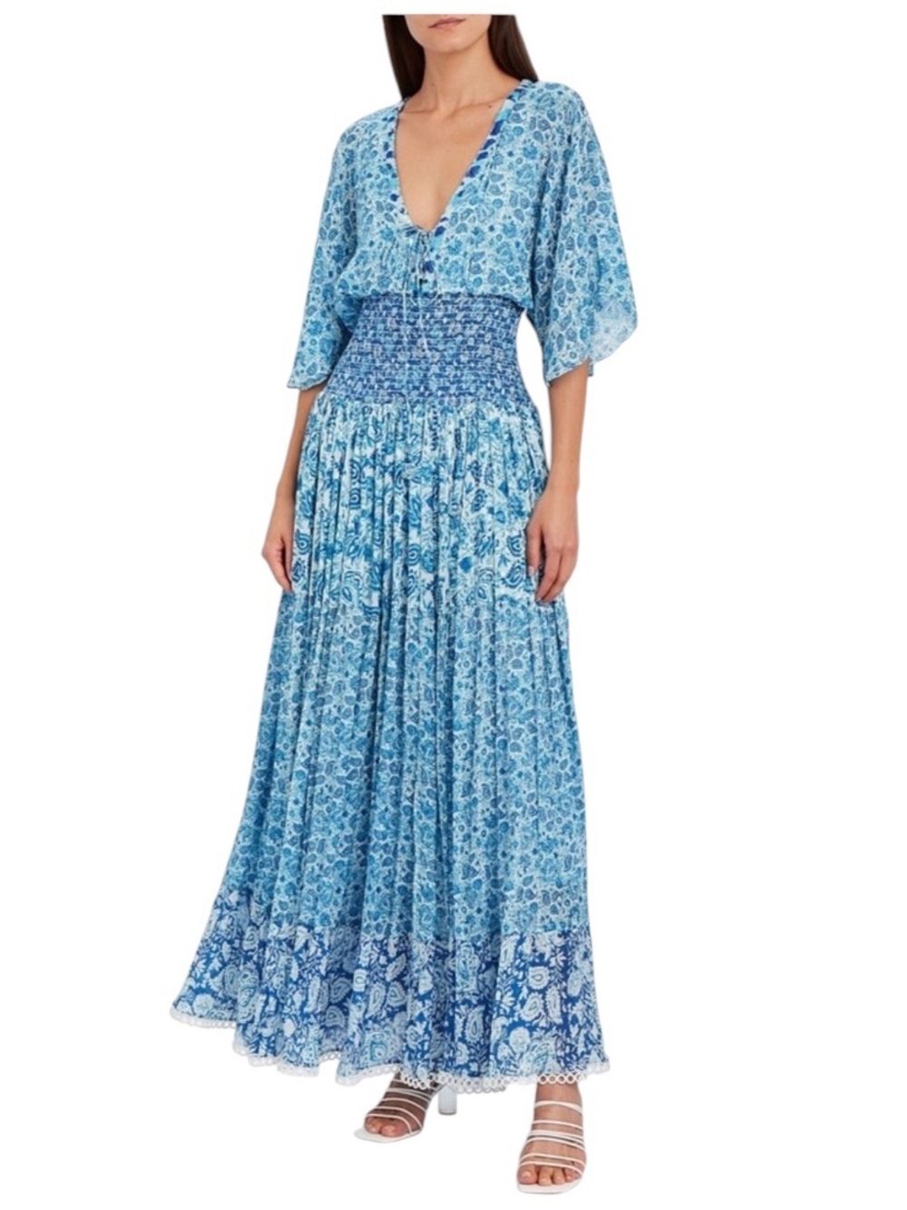 Hemant & Nandita Suho Maxi Dress Blue Paisley Boho Smocked Size Small
